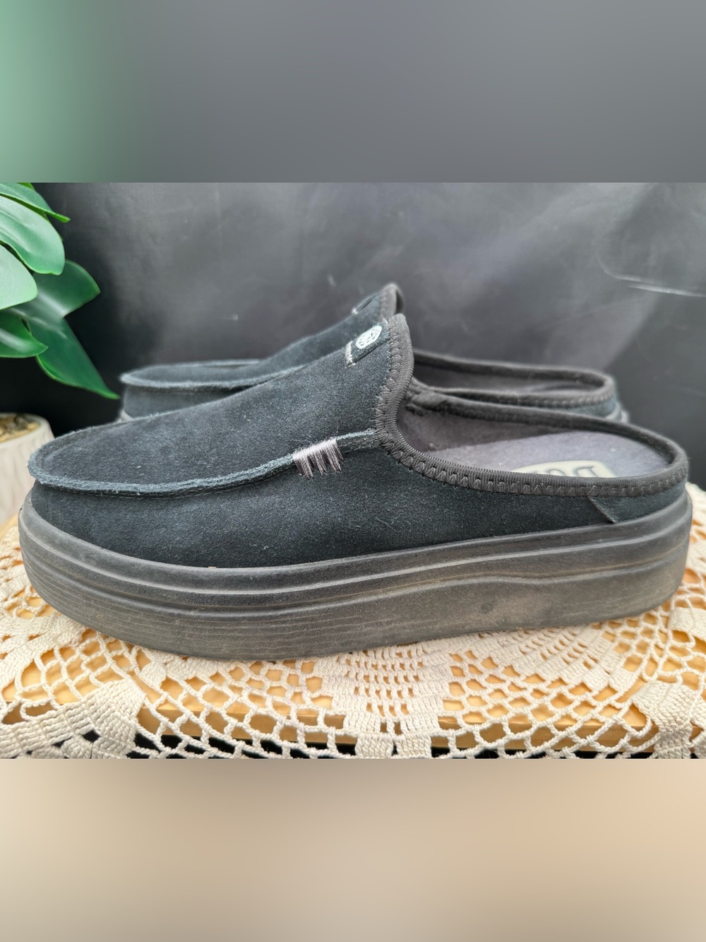 Hey Dude Austin Lift Black Suede Platform Slip on Mules/Mules
